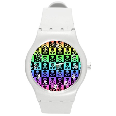 Rainbow Skull Checkerboard Round Plastic Sport Watch Medium from ArtsNow.com Front