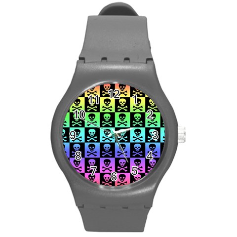 Rainbow Skull Checkerboard Round Plastic Sport Watch Medium from ArtsNow.com Front