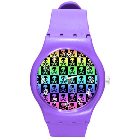 Rainbow Skull Checkerboard Round Plastic Sport Watch Medium from ArtsNow.com Front