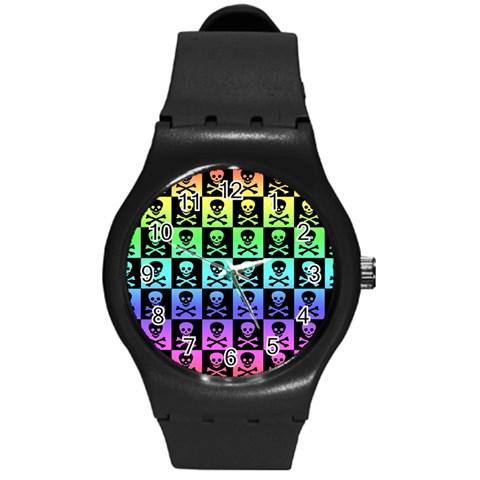 Rainbow Skull Checkerboard Round Plastic Sport Watch Medium from ArtsNow.com Front