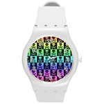 Rainbow Skull Checkerboard Round Plastic Sport Watch Medium