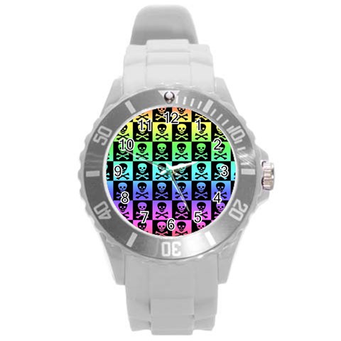Rainbow Skull Checkerboard Round Plastic Sport Watch Large from ArtsNow.com Front