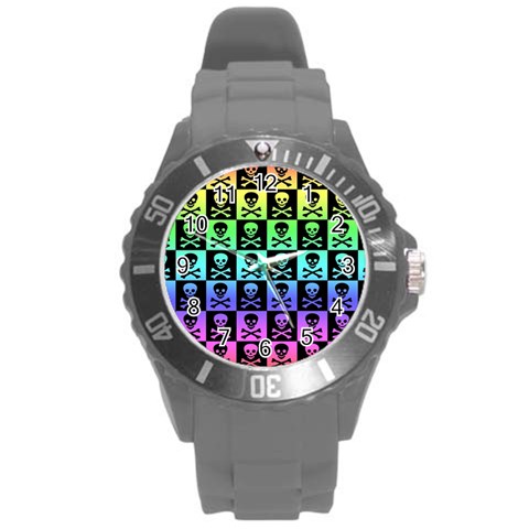 Rainbow Skull Checkerboard Round Plastic Sport Watch Large from ArtsNow.com Front
