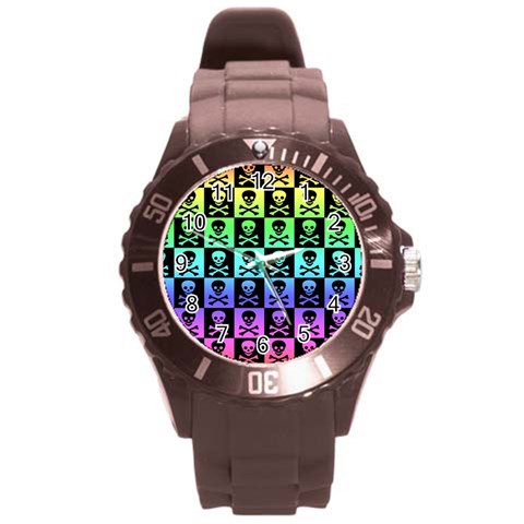 Rainbow Skull Checkerboard Round Plastic Sport Watch Large from ArtsNow.com Front
