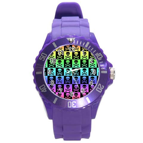 Rainbow Skull Checkerboard Round Plastic Sport Watch Large from ArtsNow.com Front