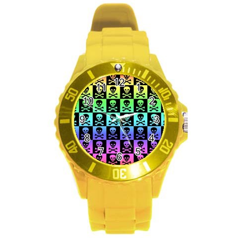 Rainbow Skull Checkerboard Round Plastic Sport Watch Large from ArtsNow.com Front