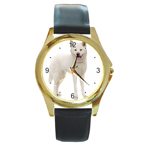 Use Your Dog Photo Akita Round Gold Metal Watch from ArtsNow.com Front