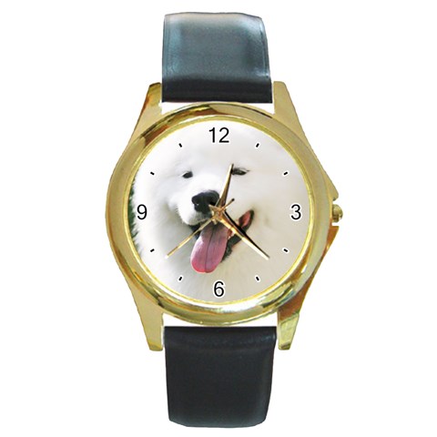 Use Your Photo American Eskimo Dog Round Gold Metal Watch from ArtsNow.com Front