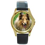 Use Your Dog Photo Collie Round Gold Metal Watch