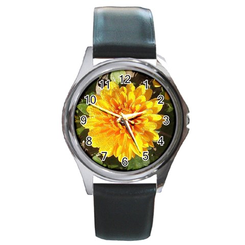 Fh 009 Fran Hoffpauir   A Dew Covered Mum Round Metal Watch from ArtsNow.com Front