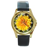Fh 009 Fran Hoffpauir   A Dew Covered Mum Round Gold Metal Watch