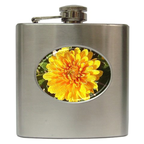 Fh 009 Fran Hoffpauir   A Dew Covered Mum Hip Flask (6 oz) from ArtsNow.com Front