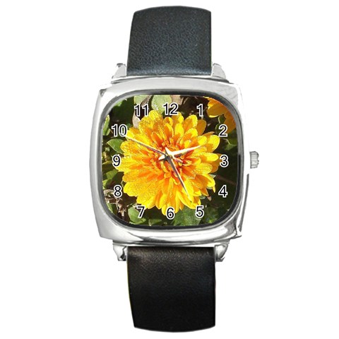 Fh 009 Fran Hoffpauir   A Dew Covered Mum Square Metal Watch from ArtsNow.com Front