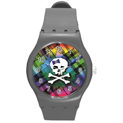 Rainbow Plaid Skull Round Plastic Sport Watch Medium from ArtsNow.com Front