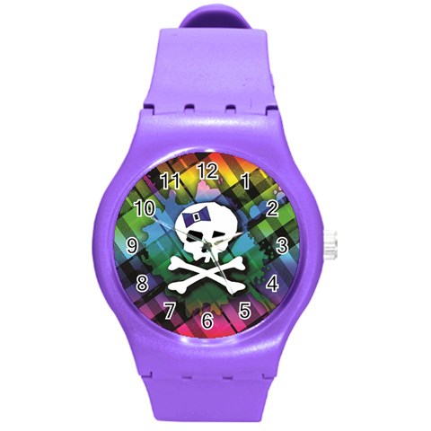 Rainbow Plaid Skull Round Plastic Sport Watch Medium from ArtsNow.com Front