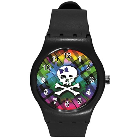 Rainbow Plaid Skull Round Plastic Sport Watch Medium from ArtsNow.com Front