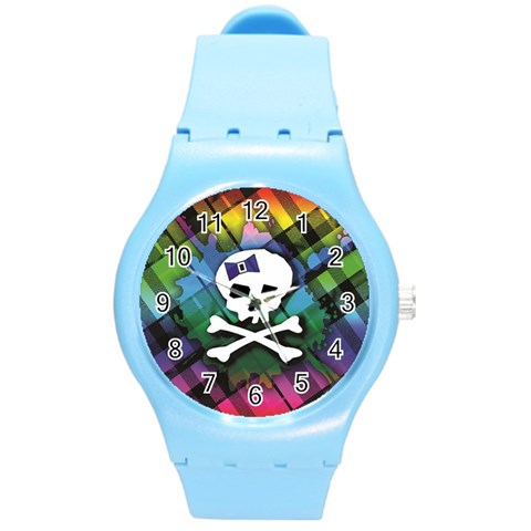 Rainbow Plaid Skull Round Plastic Sport Watch Medium from ArtsNow.com Front