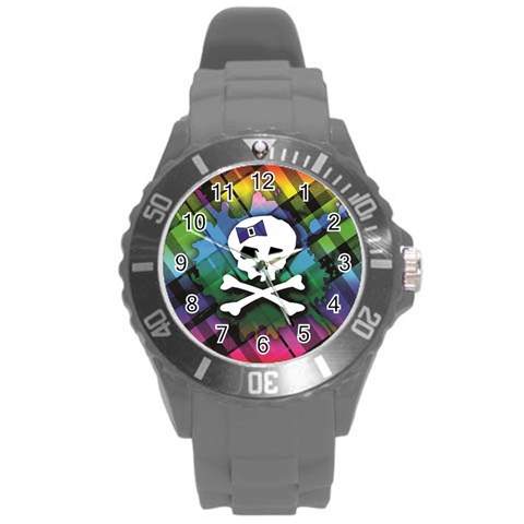 Rainbow Plaid Skull Round Plastic Sport Watch Large from ArtsNow.com Front