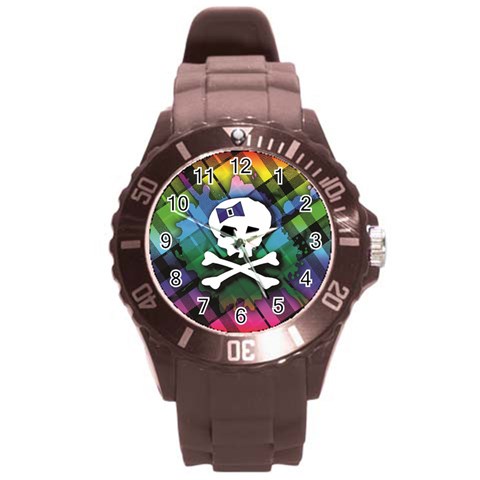 Rainbow Plaid Skull Round Plastic Sport Watch Large from ArtsNow.com Front