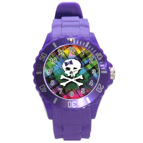 Rainbow Plaid Skull Round Plastic Sport Watch Large from ArtsNow.com Front