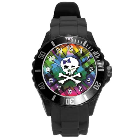 Rainbow Plaid Skull Round Plastic Sport Watch Large from ArtsNow.com Front