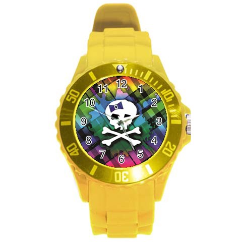 Rainbow Plaid Skull Round Plastic Sport Watch Large from ArtsNow.com Front