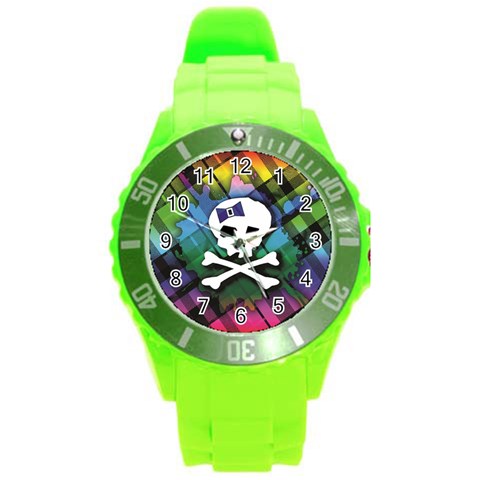 Rainbow Plaid Skull Round Plastic Sport Watch Large from ArtsNow.com Front