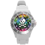 Rainbow Plaid Skull Round Plastic Sport Watch Large