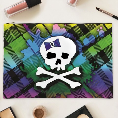 Rainbow Plaid Skull Cosmetic Bag (XXL) from ArtsNow.com Front
