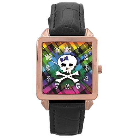 Rainbow Plaid Skull Rose Gold Leather Watch  from ArtsNow.com Front