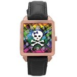 Rainbow Plaid Skull Rose Gold Leather Watch 
