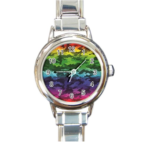 Rainbow Camouflage Round Italian Charm Watch from ArtsNow.com Front