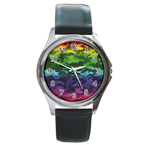 Rainbow Camouflage Round Metal Watch from ArtsNow.com Front