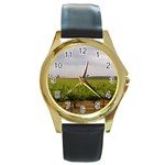 Vinyard Beneath A Cloudy Sky Round Gold Metal Watch