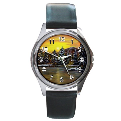 James Winter Cabin By Ave Hurley 1 1m Round Metal Watch from ArtsNow.com Front