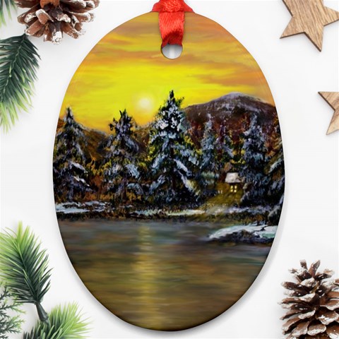 James Winter Cabin By Ave Hurley 1 1m Oval Ornament (Two Sides) from ArtsNow.com Front