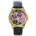 purple flowers Round Gold Metal Watch