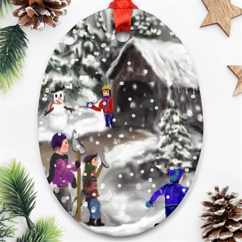 Snowball Fight Oval Ornament (Two Sides) from ArtsNow.com Front