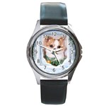 Puppy watching snow Round Metal Watch