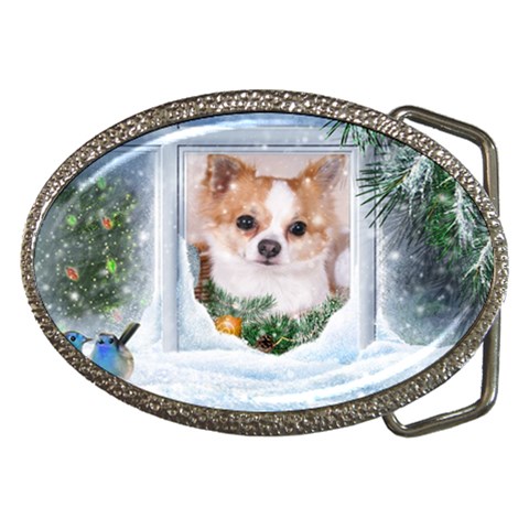 Puppy watching snow Belt Buckle from ArtsNow.com Front