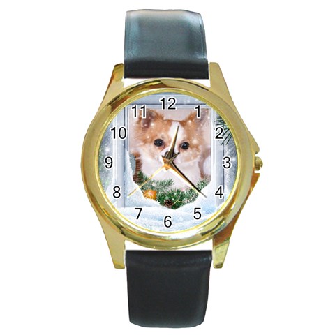 Puppy watching snow Round Gold Metal Watch from ArtsNow.com Front
