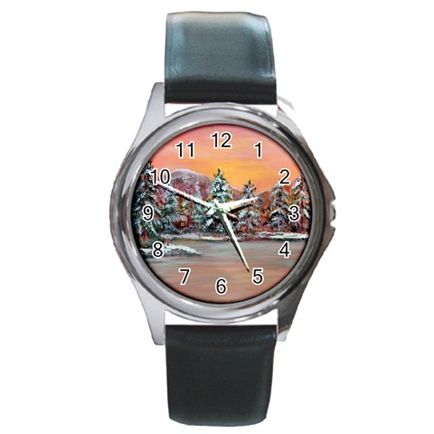  Jane s Winter Sunset   by Ave Hurley of ArtRevu ~ Round Metal Watch from ArtsNow.com Front