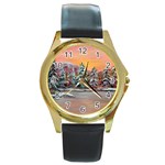 Jane s Winter Sunset -AveHurley ArtRevu.com- Round Gold Metal Watch