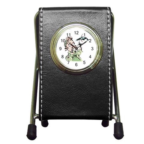 Scared Woman Holding Cross Pen Holder Desk Clock from ArtsNow.com Front