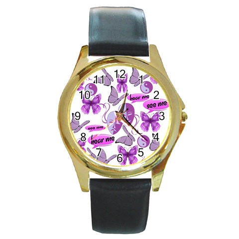 Invisible Illness Collage Round Leather Watch (Gold Rim)  from ArtsNow.com Front