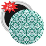 White On Emerald Green Damask 3  Button Magnet (100 pack)