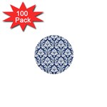 White On Blue Damask 1  Mini Button (100 pack)