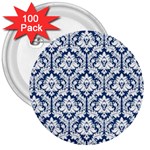 White On Blue Damask 3  Button (100 pack)