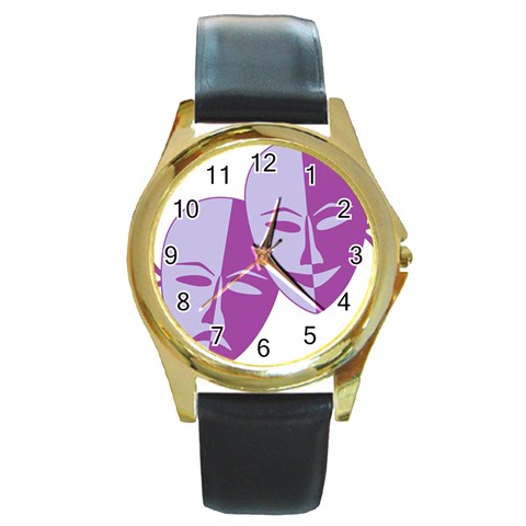 Comedy & Tragedy Of Chronic Pain Round Leather Watch (Gold Rim)  from ArtsNow.com Front