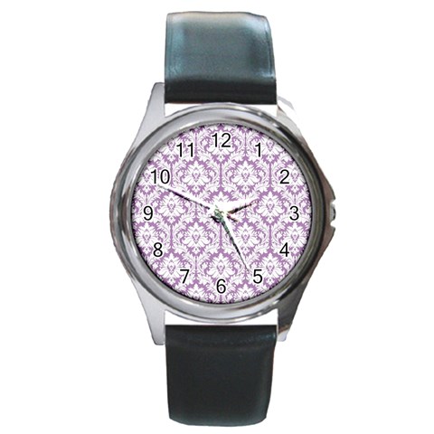White On Lilac Damask Round Leather Watch (Silver Rim) from ArtsNow.com Front